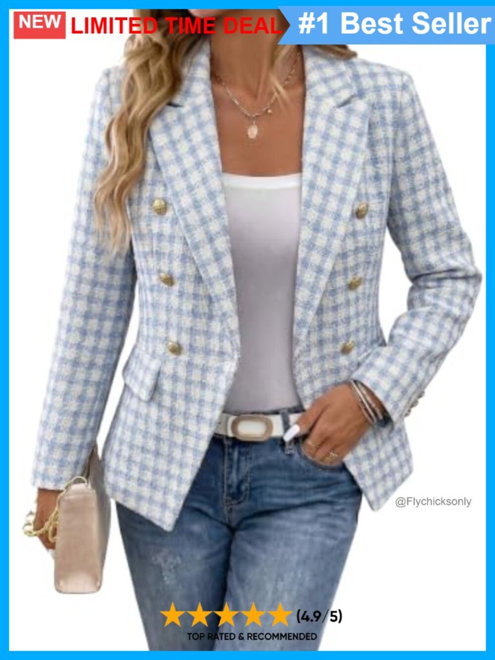 Tweed Plaid Double-Breasted Blazer Gold Button Business Casual